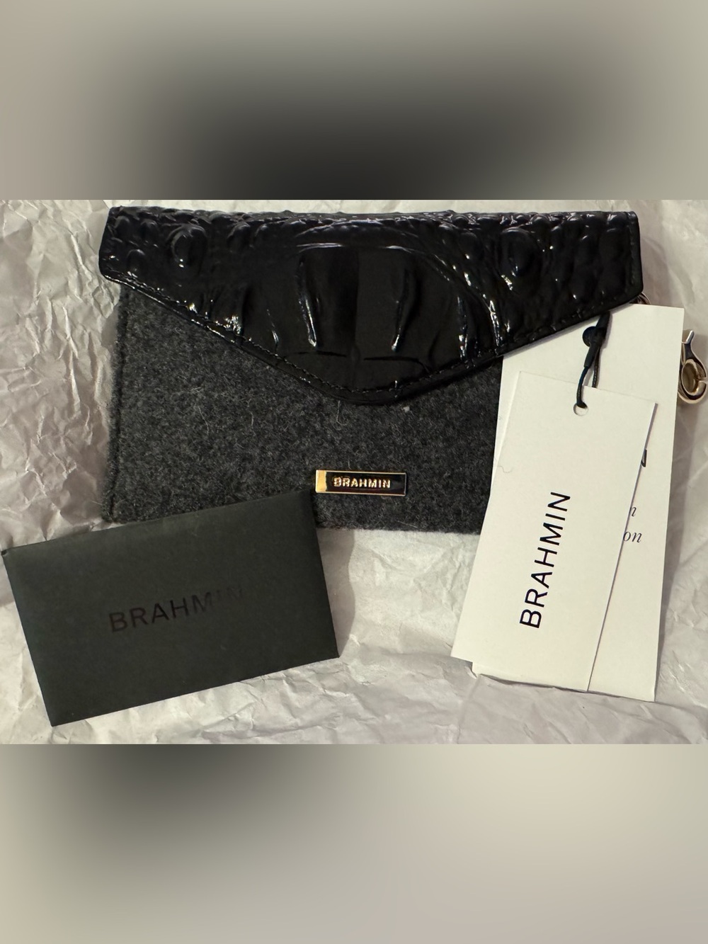 Brahmin Jamestown Collection Black Leather & Charcoal Wool Mini Envelope Case